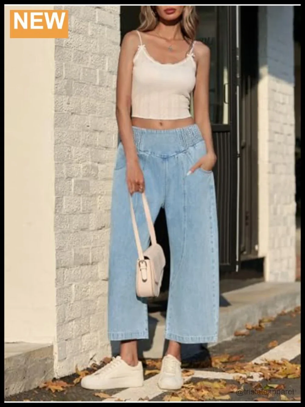 Wide Leg Cropped Baggy Boyfriend Jeans Mid Rise Smocked Waist Denim Pants